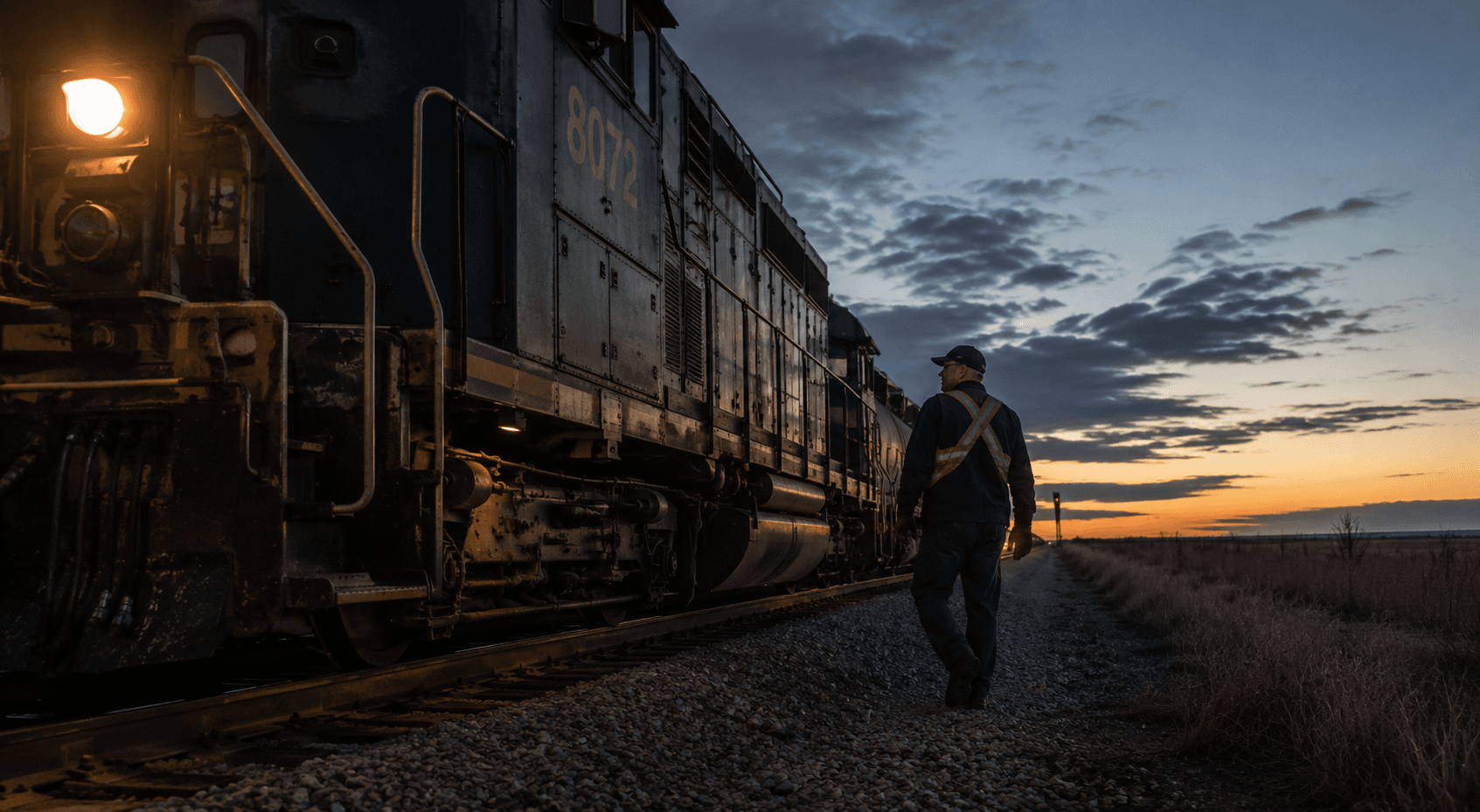 A railroad engineer walks alongside a freight locomotive at dusk on rural tracks