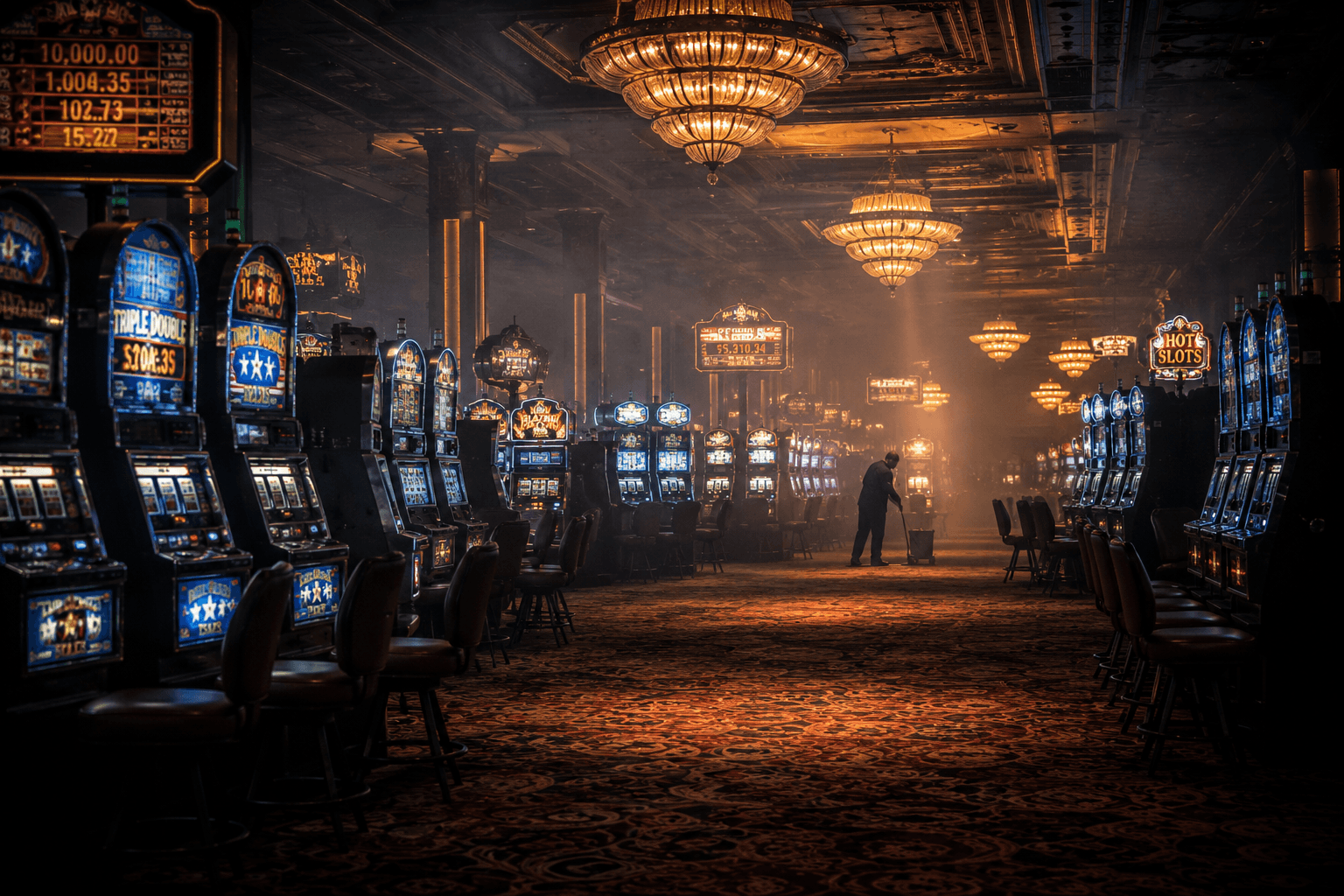 An empty casino floor at night with banks of glowing slot machines