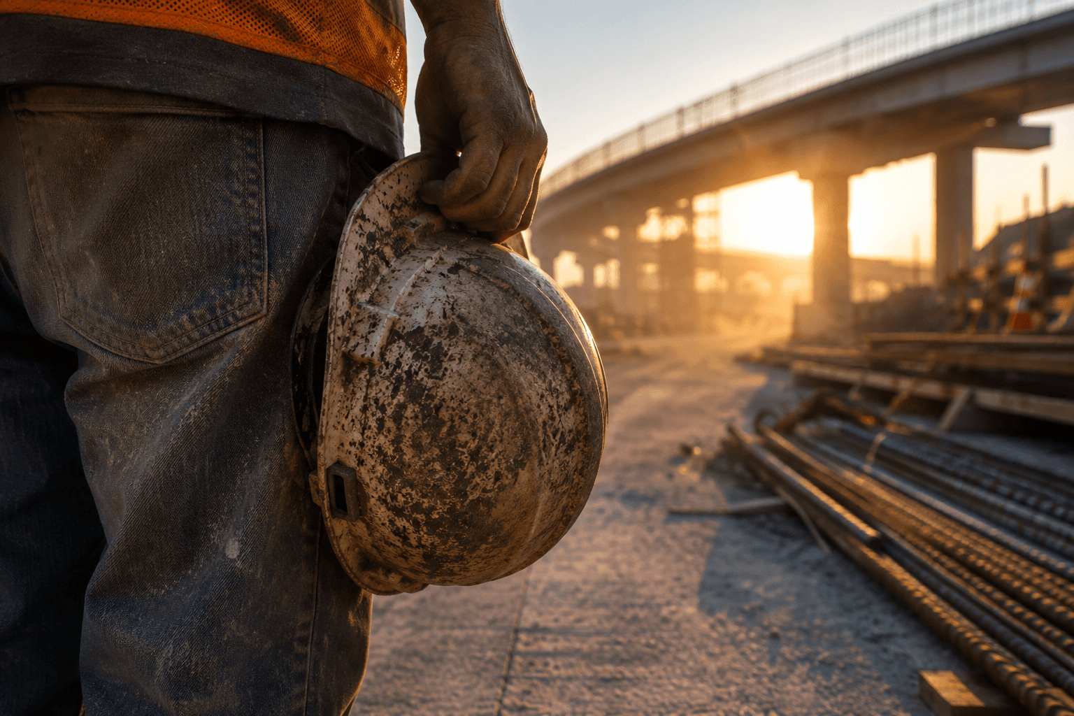 A construction laborer's hand gripping a worn hard hat at a half-built overpass