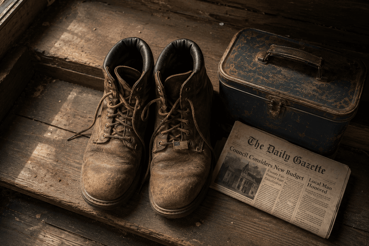 A pair of worn work boots with an American flag pin