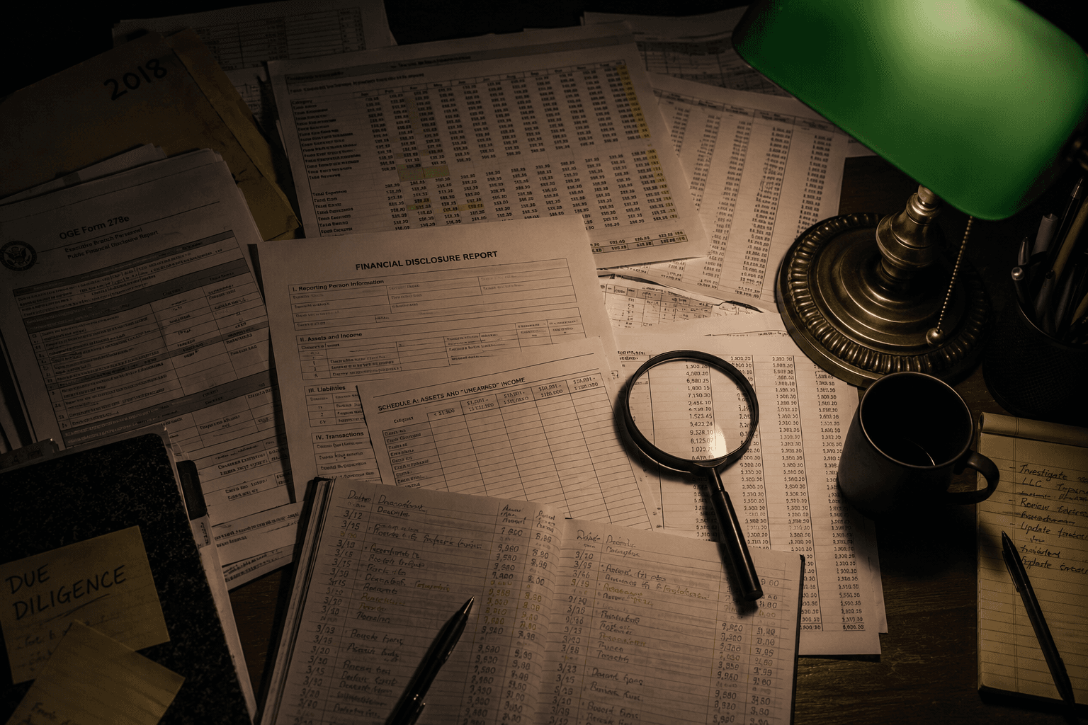 Stacks of financial disclosure forms and ledgers under a banker's lamp