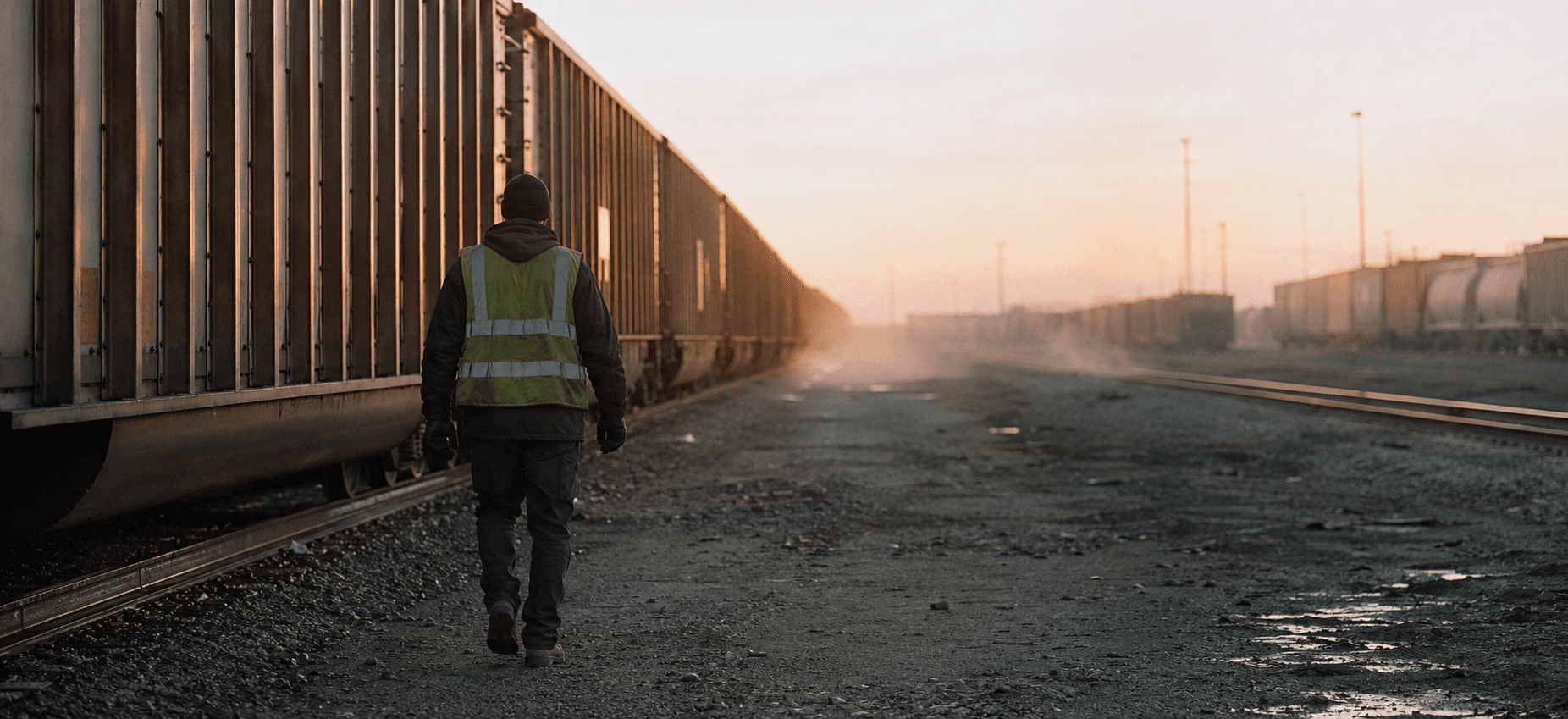 A rail conductor walking alone alongside a long line of freight cars in a vast railyard at dawn