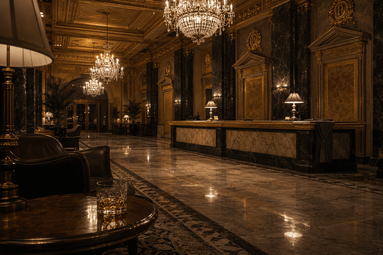 An opulent hotel lobby with chandeliers and marble floors at night